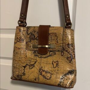 Patricia Nash Brown Shoulder Bag with Vintage Map Design and Adjustable Straps